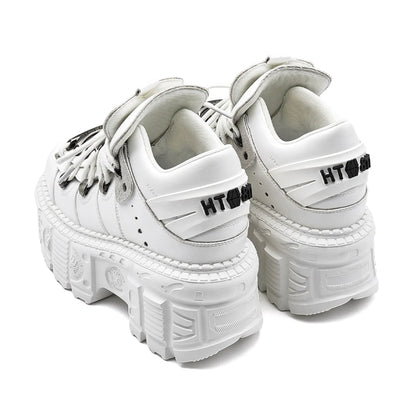 Gothic Ankle Rock Boots Women Shoes White Leather Platform New Punk Style Lace-up Heel Height Shoes Metal Decor Woman Sneakers