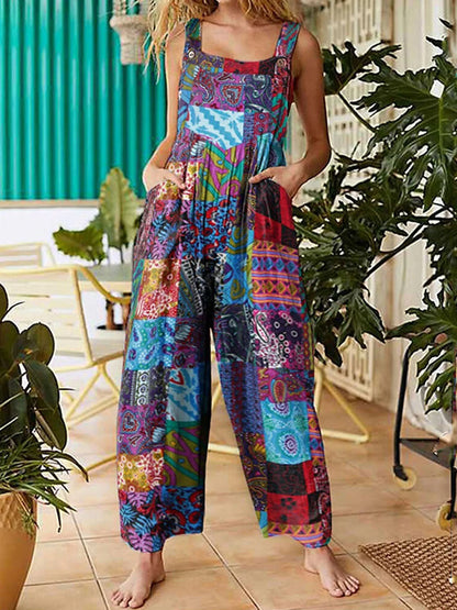 Captivating New Women Summer Overalls, Multicolor Ethnic Style Square Neck Sleeveless Casual Jumpsuit with Pockets for Girls