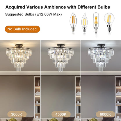 20" Black Crystal Chandelier Ceiling Light, Modern Luxury 10-Light Flush Mount Light Fixture, Elegant Home Lighting