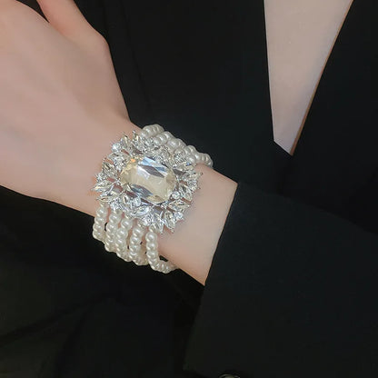 Shiny Big Square Zircon Bracelets Elegant Imitation Pearl Multi-layer Chain Bracelets Bangles for Women Party Wristbands K-