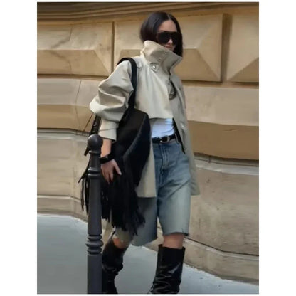 Fashion Stand Collar Short Trench Coat Women Solid Double-breasted Belt Jacket 2026 Autumn Lady Commuting Casual Outwear