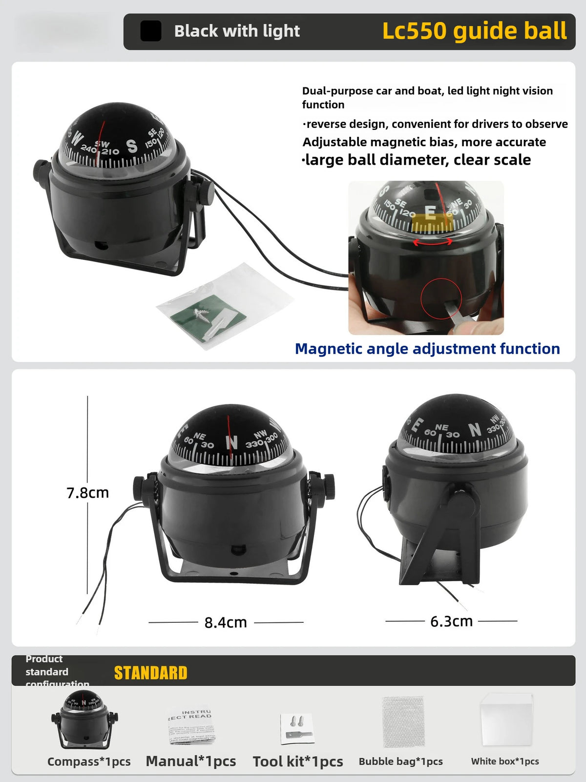 LED Light Electronic Compass, High Precision Pivoting Navigation Compass for Boat Car Marine Use