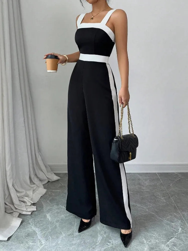 Women's Casual Black Jumpsuit White Contrast Trim Square Neck Great for City Nights Social Gatherings Fashionable Wear