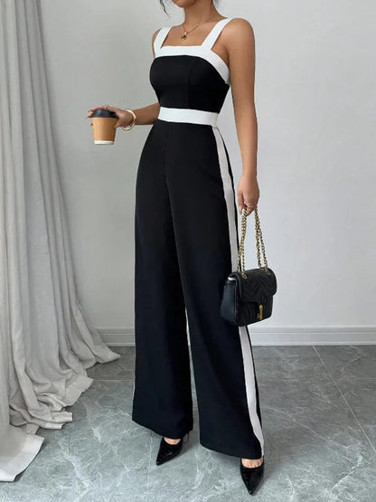 Women's Casual Black Jumpsuit White Contrast Trim Square Neck Great for City Nights Social Gatherings Fashionable Wear