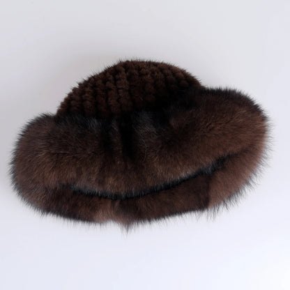 Women's Winter Warm Genuine Premuim Mink Fur Knitted Bucket Hat Furry Real Fur Caps Big Fox Fur Trim Brim Adjustable