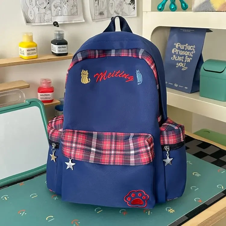 Preppy Style Blue Backpack for Girls, Plaid Spliced School Bag, Cute Nylon Daypack Star Pendant, Large Capacity Student Rucksack