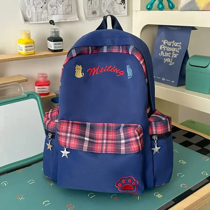 Preppy Style Blue Backpack for Girls, Plaid Spliced School Bag, Cute Nylon Daypack Star Pendant, Large Capacity Student Rucksack