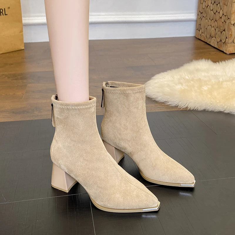 Winter Women Thick Heel Ankle Boots Fashion Pointed Toe Mordern Short Booties Street Style Party Stripper Female Shoes