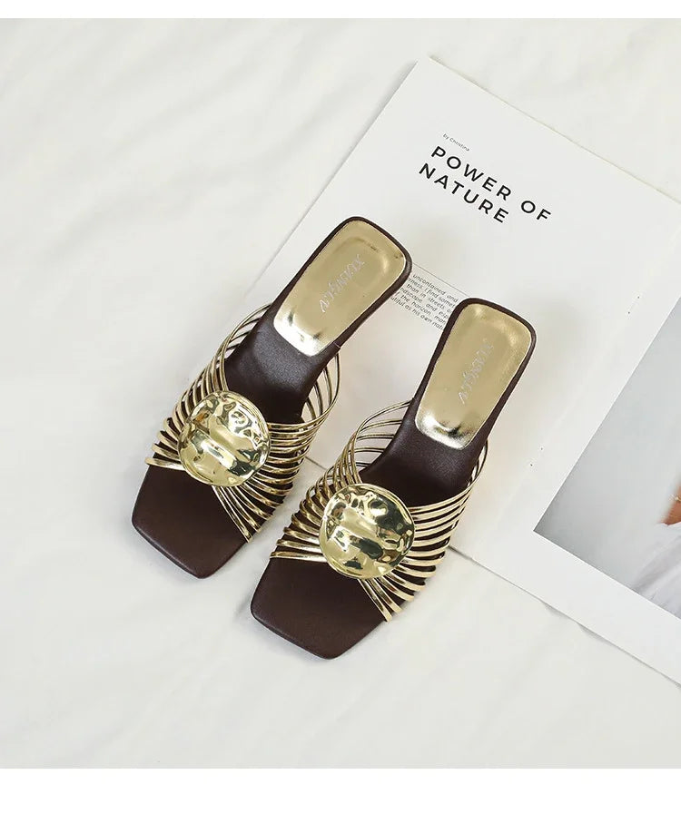 Luxury Designer Square Toe Slippers Heeled Sandals for Woman Shoes 2026 New Elegant Pumps Flip Flops Dress Summer Mujer Zapatos