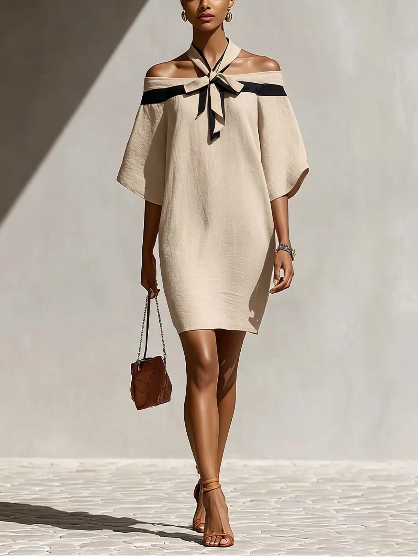Elegant Temperament Women's Color Blocked Off Shoulder One Shoulder Summer Bow Collar Decorated With Bat Sleeves Mini Dress New