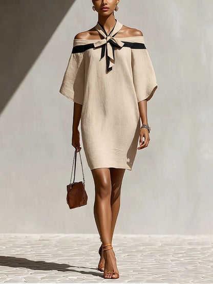 Elegant Temperament Women's Color Blocked Off Shoulder One Shoulder Summer Bow Collar Decorated With Bat Sleeves Mini Dress New
