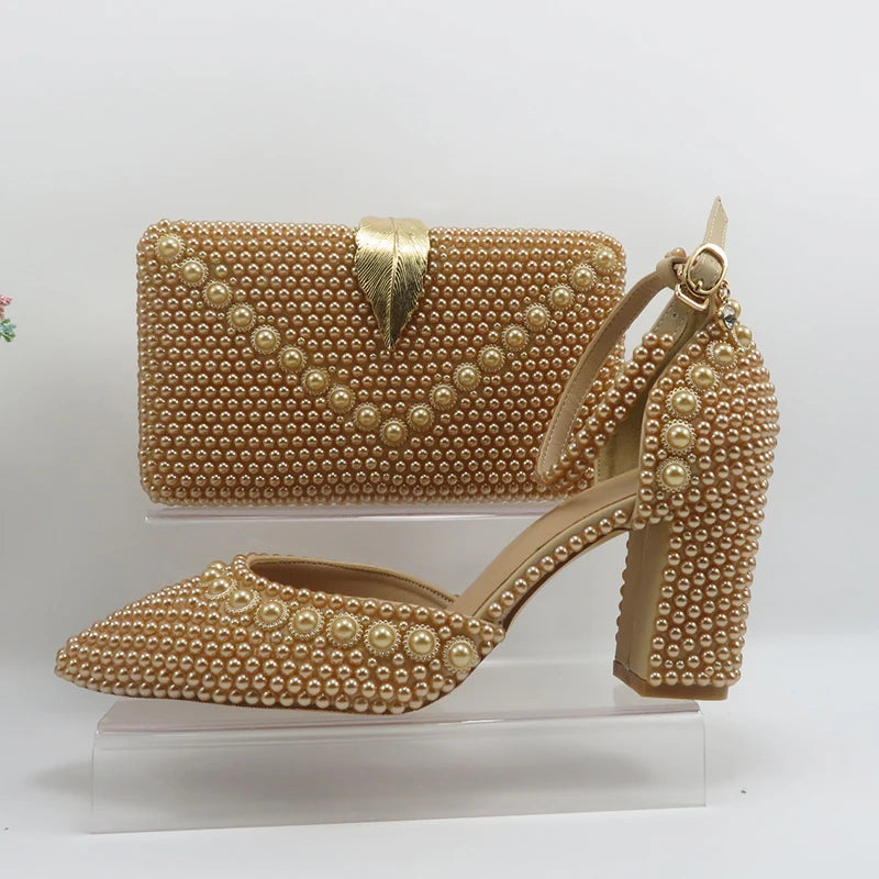 Champagne Pearl Wedding Bridal Shoes Woman Fashion Thin Heel Party Dress Shoe Lace-up Pointed Toe High Handmade Ankle Strap Shoe