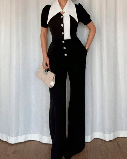 CM.YAYA Fashion Women Puff Short Sleeve Patchwork Bowknot Button Fly Wide Leg Jumpsuits Street Outfits One Piece Suit Rompers