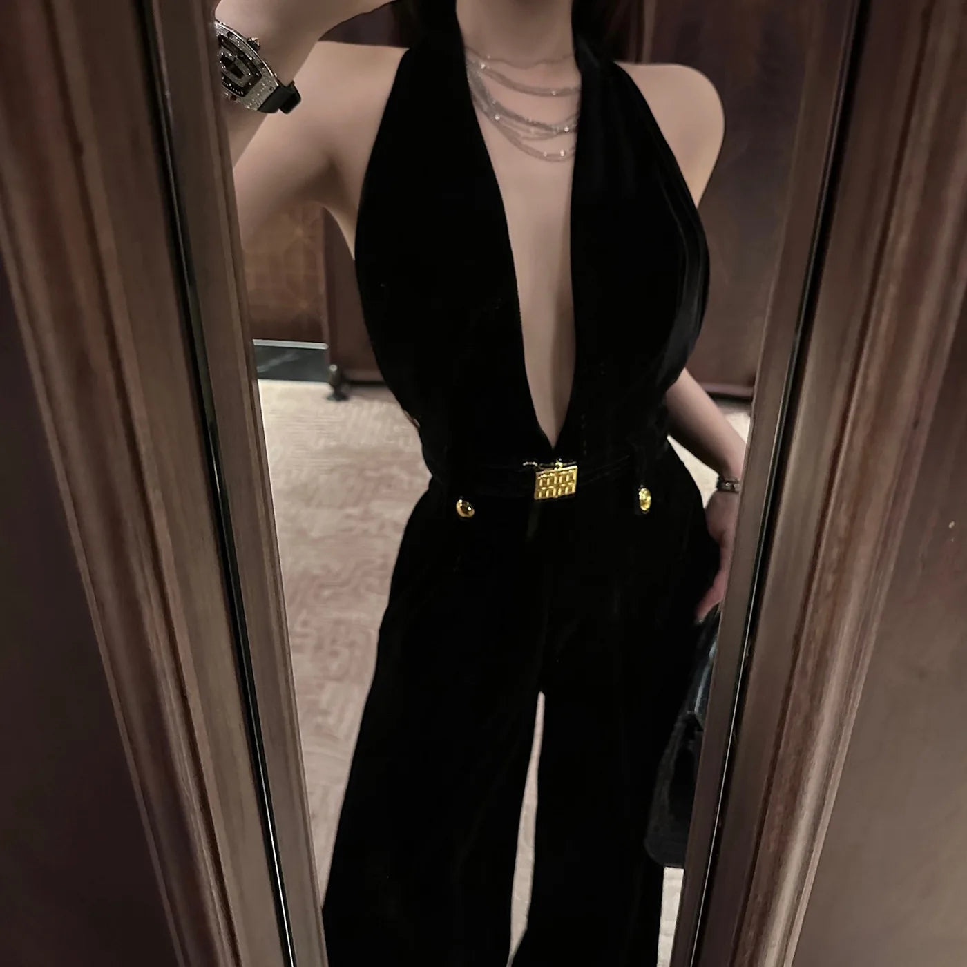 Vintage Luxury High-end Black Jumpsuits Metal Button Slim Sexy V-neck Hang Neck One-piece Pants Women Party Dresses Backless New