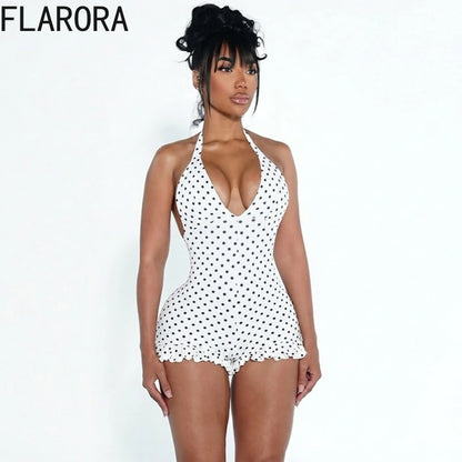 FLARORA Hottie Polka Dot Print Rompers Woman Sexy Halter V Neck Bandage Backless Skinny Ruched Playsuits Sweet Trend Streetwear