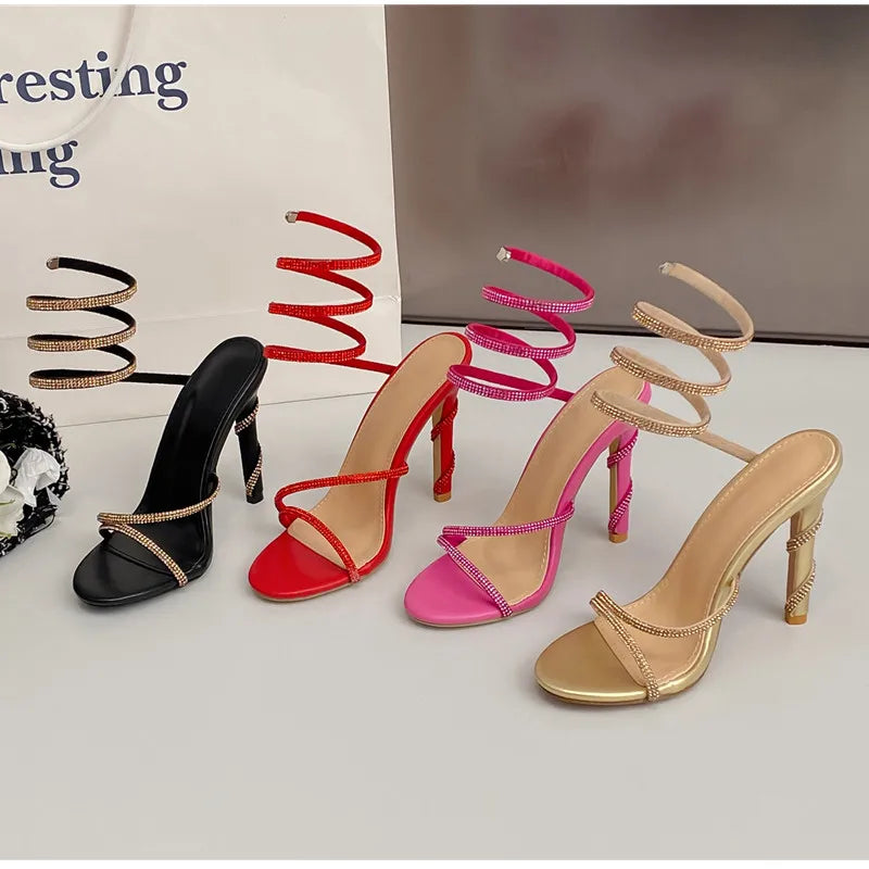 Luxury Crystal Snake Coiled Women Sandals Sexy Narrow band Thin High heels Wedding Party Female Gladiator Sandals Summer Shoes