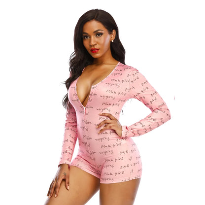 Womens Playsuit Sexy Pajama with Butt Flap Valentines Day Overalls Jumpsuit  Long Sleeve V Neck Women Bodycon Romper Sleepwear