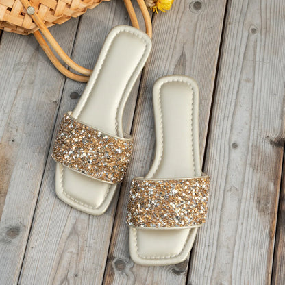 Glitter Bling Women Slippers Summer New Flat Beach Slippers Women Outdoor Luxury Sandals Designer Plus Size Shoes Slides Women