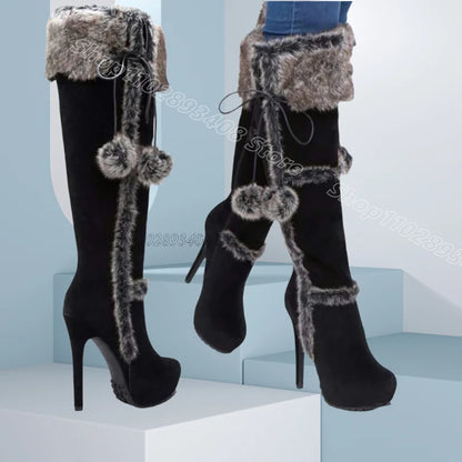 Brown Fur Decor Platform Boots Round Toe Thin High Heels British Style Winter Design Women Party Dress Boots Zapatos Para Mujere