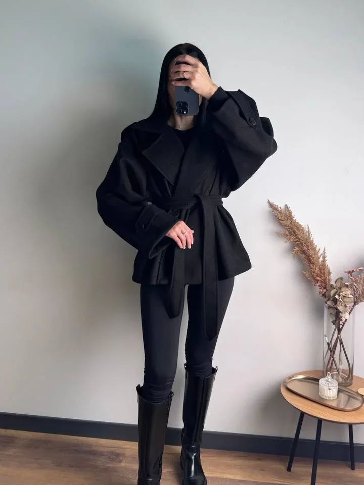 Women Short Wool Blend Trench Coat Lapel Collar Belted Waist Wrap Long Sleeve Loose Overcoat Casual Autumn Winter Lady Jackets