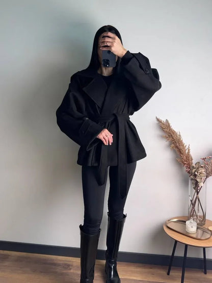 Women Short Wool Blend Trench Coat Lapel Collar Belted Waist Wrap Long Sleeve Loose Overcoat Casual Autumn Winter Lady Jackets
