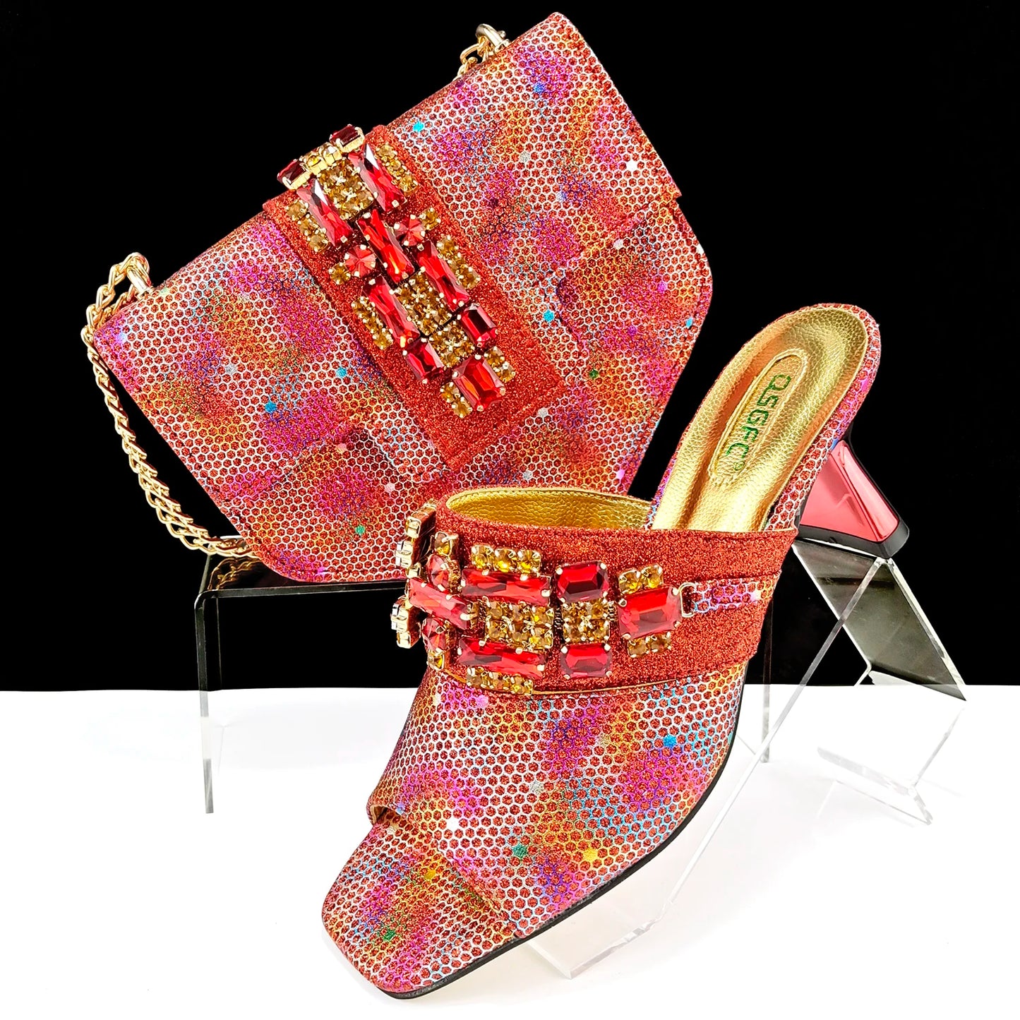 New Arrival Mature Style Colorful Rhinestone Metal Design Strange High Heel Style Peep Toe Shoes and Bag Set for Party Wedding