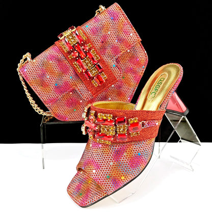 New Arrival Mature Style Colorful Rhinestone Metal Design Strange High Heel Style Peep Toe Shoes and Bag Set for Party Wedding
