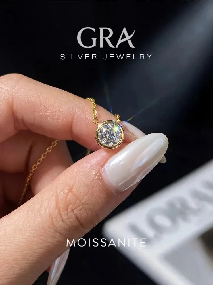 GRA 1CT Moissanite Necklace for Woman 925 Sterling Sliver Round Diamond Pendant Engagement Wedding Party Fine Jewely New