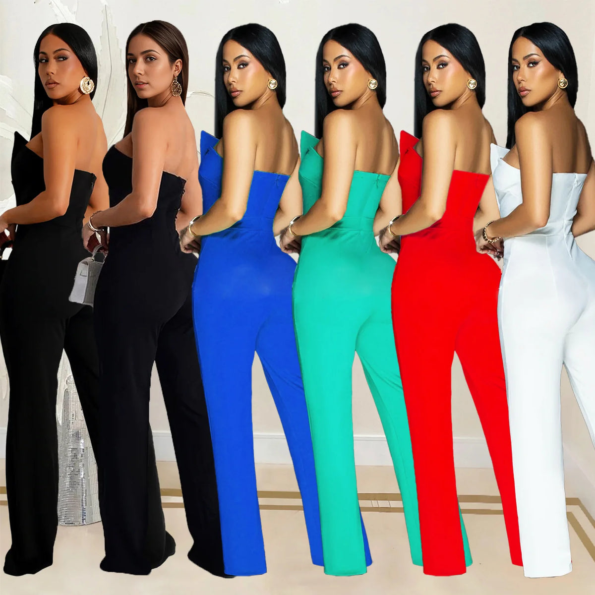 Sexy Backless Strapless Jumpsuit Summer Women Fashion Solid Button Sleeveless Slim Fit Wrap Hip Jumpsuits Elegant Office Romper