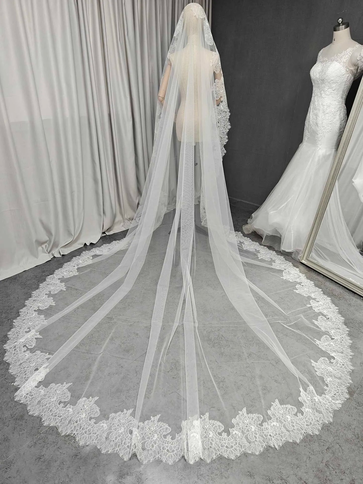 Customized Long Mantilla Veil with Eyelash Lace, 2.5m/3m Ivory Veil with Hidden Comb, Chantilly Eyelash Lace Wedding Veil