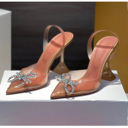 35-45 Fashion Transparent Soft PVC Women Pumps Luxury Rhinestones Bowknot Slingback High heels Spring Summer Wedding Party Shoes