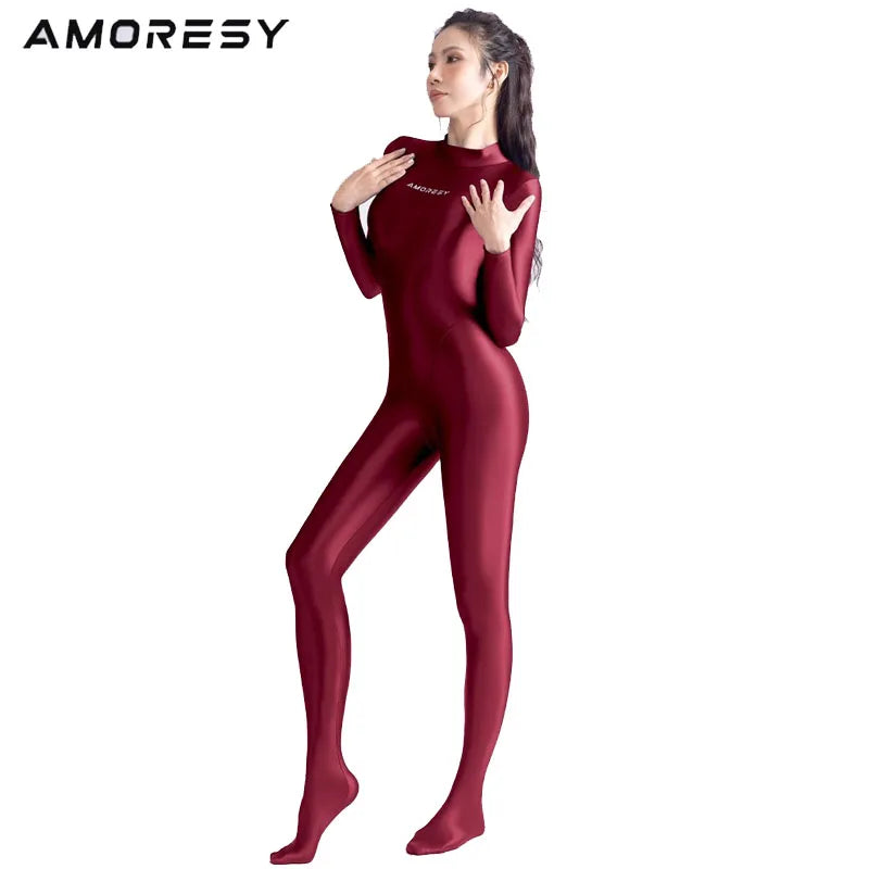AMORESY Shiny Glitter Diving Surfing Swimwear One-piece Back Zipper Overall Zentai Jumpsuit Sport Gym Bodysuit Catsuit Playsuit