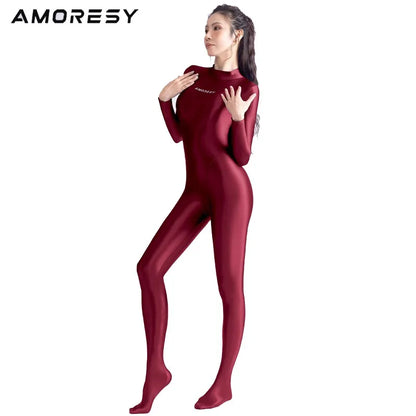 AMORESY Shiny Glitter Diving Surfing Swimwear One-piece Back Zipper Overall Zentai Jumpsuit Sport Gym Bodysuit Catsuit Playsuit