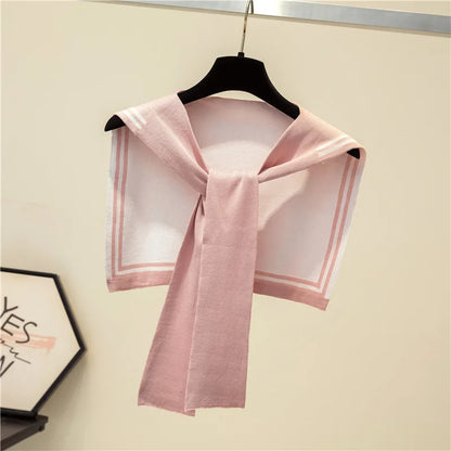 Korean College Navy Stripe Wool Knit Shoulder Cape Knotted Warm Overlapping Shawl Women Summer Neck Scarf T56