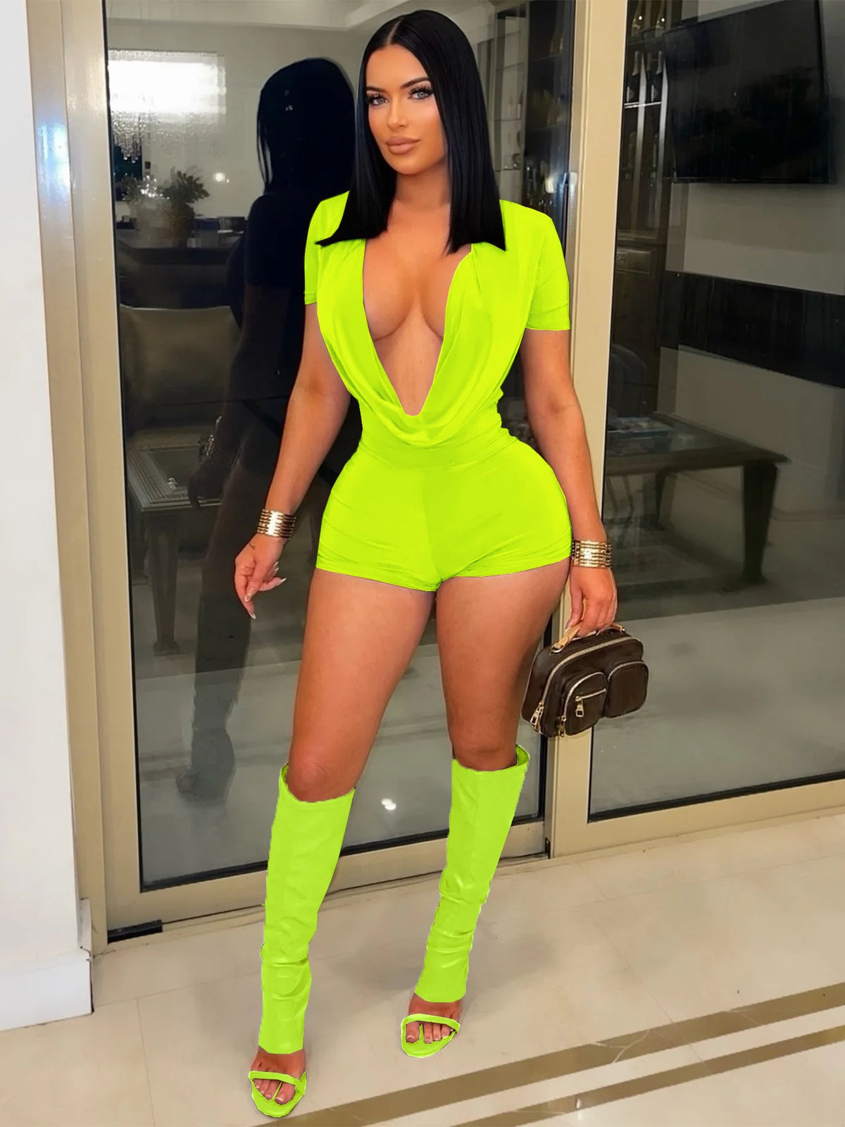 FAGADOER Sexy Solid Color Bodycon Jumpsuits for Woman Deep V-neck Short Sleeve One Piece Rompers Female Streetwear Overalls New