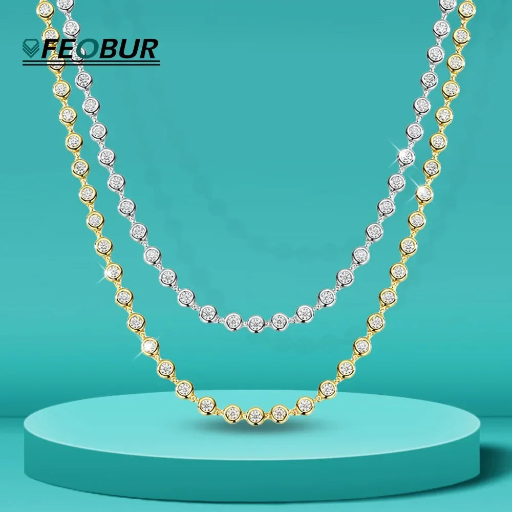 FEOBUR 3mm Round Moissanite Tennis Necklace for Women Certified S925 Sterling Silver Bubble Diamond Choker High Quality Jewelry