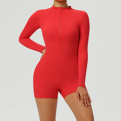 Women V-Back Sports Overalls Zipper Workout Jumpsuit Gym Fitness Suits Sports Bodysuits Female Running Tracksuit Sportswear
