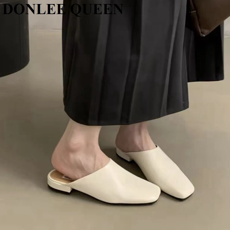 Fashion Square Toe Flat Slippers Women Casual Slip On Mule Luxury Brand Outsides Slides Elegant Pleated Ladies Shoes Sandal Flip