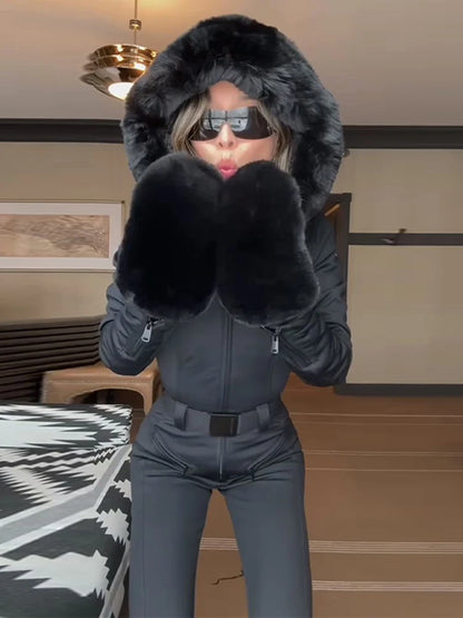 Chic Faux Fur Patchwork Women's Ski Jumpsuit High Wait Belt Zippers Pocket Lady Ski Wear 2025 Winter Spring Female Romper