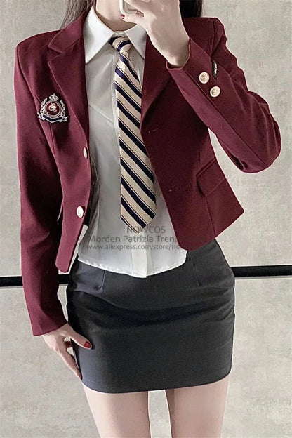 Korean Style Girls JK Uniform Suit Daily Red Blazer Coat Sexy Slim JK Wrap Buttock Skirt Women Preppy Summer School Uniform Suit