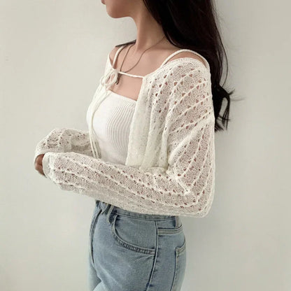 Women Tie Front Crop Cardigan Sheer Openwork Crochet Knit Top Lightweight Bolero Sweater Summer Fairycore Boho Chic Beach Outfit