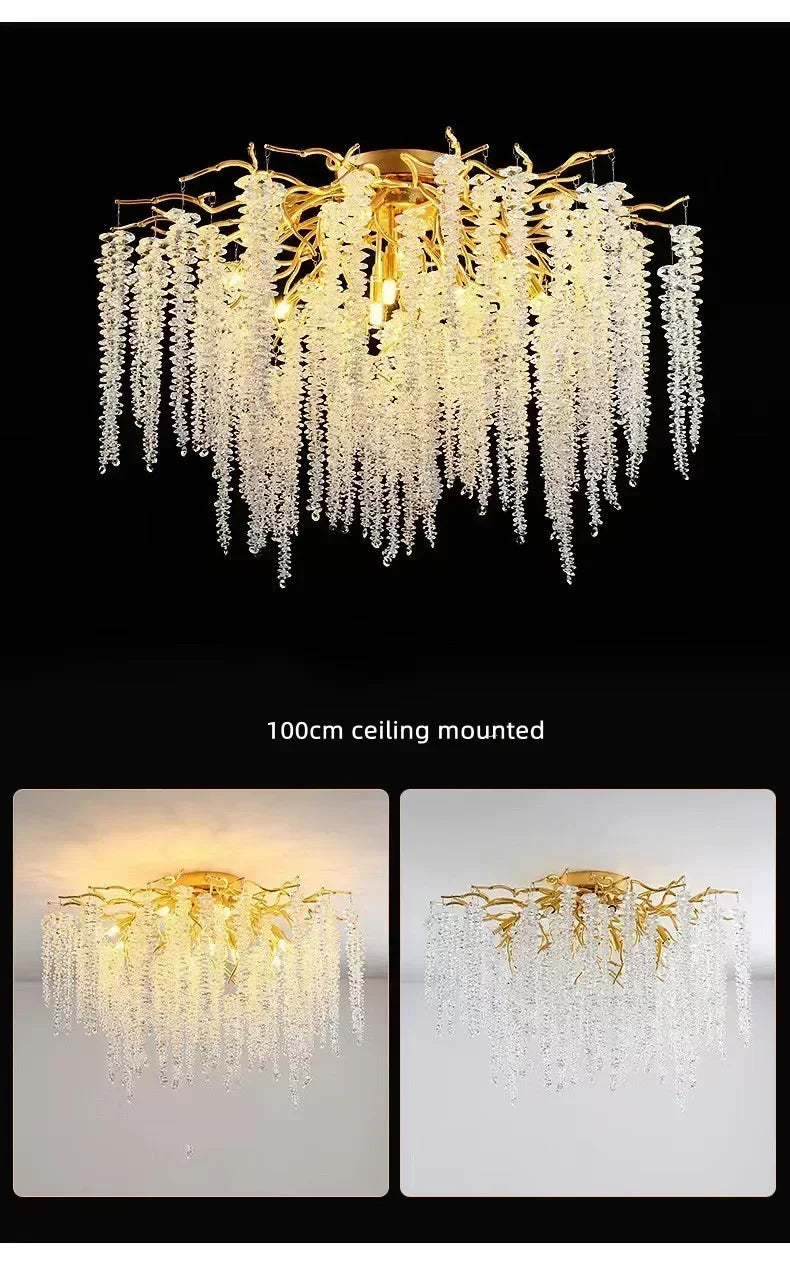 Modern Luxury Gold Branch Tassel Crystal LED Pendant Light Dining Room Living Room Indoor Home Decoration Atmosphere Fixtures