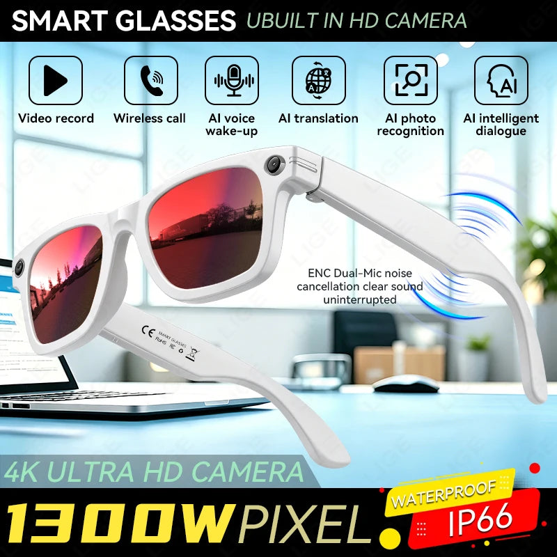 LIGE New 4K Smart Glasses 1300W HD Camera 290mAh Long Battery Life 88+Language Translation Bluetooth Call Waterproof Sunglasse
