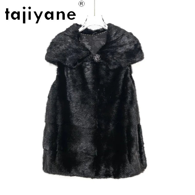 TAJIYANE Real Mink Fur Coat Veste Fourrure Femme Slim Fit Hooded Jackets for Woman Black Whole Mink Fur Vest Sleeveless Куртка