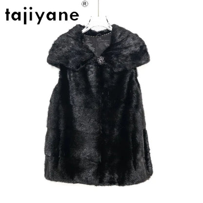 TAJIYANE Real Mink Fur Coat Veste Fourrure Femme Slim Fit Hooded Jackets for Woman Black Whole Mink Fur Vest Sleeveless Куртка