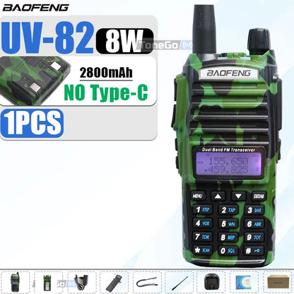 1/2Pcs Baofeng UV-82 Walkie Talkie 5/8W Tri-Power FM Radio Type-C Charger Dual PTT Dual Band VHF/UHF Two Way Camouflage For Hunt