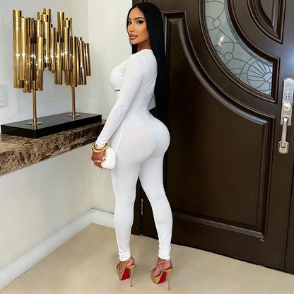 Sexy Hot Girl Cropped Openwork Metal Zipper Long Sleeve Solid Color Leggings