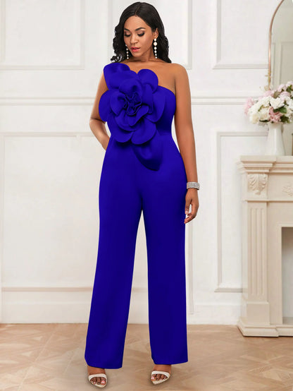 Women One Shoulder Jumpsuit Big Flowers Long Sexy Backless High Waist  Wide Leg Straight One Piece Classy Evening Party Rompers