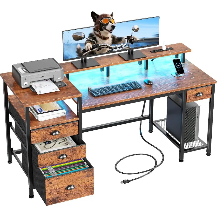 60" Computer Desk with 4 Drawers, Power Outlet, LED