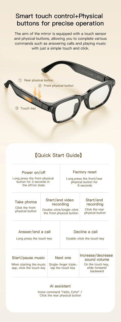 2026 New Smart Glasses 800W HD Camera Video Record AI Assistant Touch Control Translation HD Audio 300mAh Battery Smart Glasses